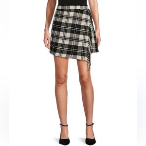 Antonio Melani Georgie Brushed Plaid Fringe Wrap Front Mini A-Line Skirt Size 10
